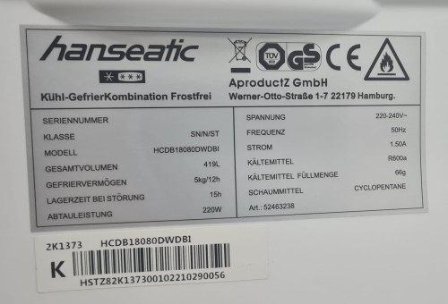 Combină frigorifică French Door Hanseatic HCDC18080CWDI nou resigilat import Germania