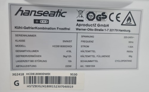 Combină frigorifică French Door Hanseatic HCDC18080CWDI nou resigilat import Germania