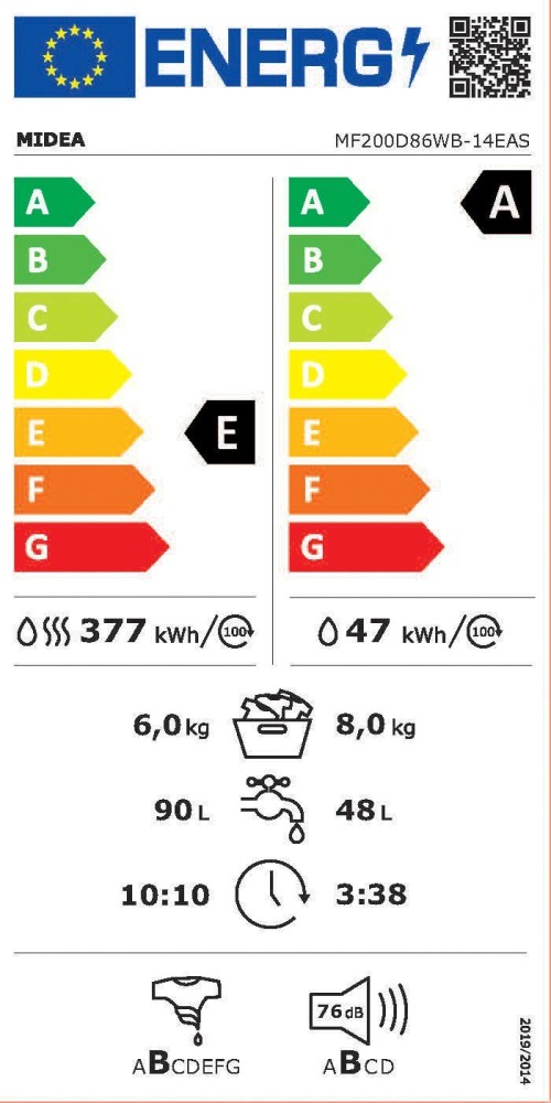 MIDEA 8 kg spălare / 6 kg uscare, MF200D86WB-14EAS – Mașină de spălat rufe cu uscător  Wi-Fi, Steam Care, Inverter Import Germania 🇩🇪