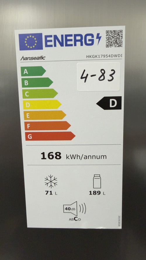Hanseatic 260 L, HKGK17954DWDI – combină frigorifică inox cu dispenser, Clasa D, import Germania 🇩🇪