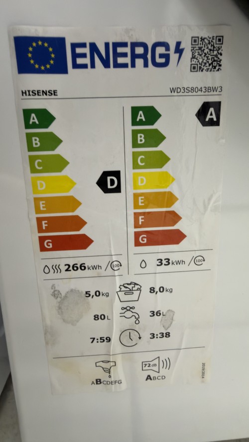 Hisense 8 kg spălare / 4 kg uscare, WD3S8043BW3 – Mașină spălat & uscat rufe, Clasa A, Inverter Motor – import Germania 🇩🇪