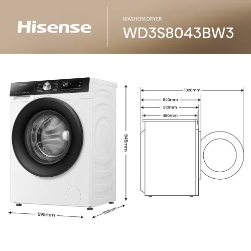 Hisense 8 kg spălare / 4 kg uscare, WD3S8043BW3 – Mașină spălat & uscat rufe, Clasa A, Inverter Motor – import Germania 🇩🇪