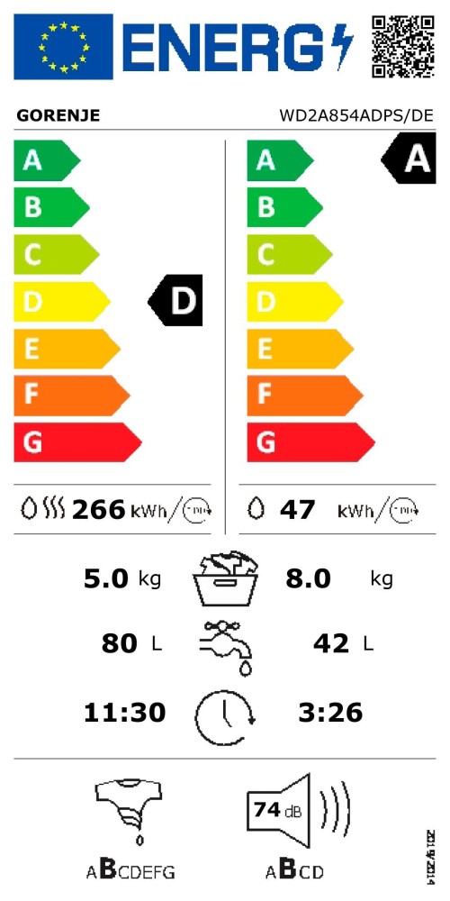 Gorenje 8 kg/5 kg, WDAM854AP – Mașină de spălat rufe cu uscător,Clasa A/D, import Germania 🇩🇪
