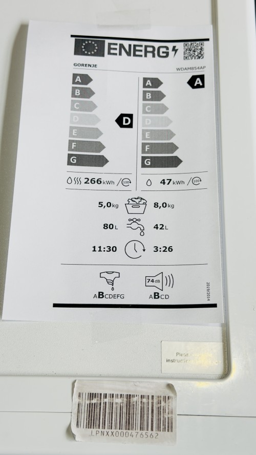 Gorenje 8 kg/5 kg, WDAM854AP – Mașină de spălat rufe cu uscător,Clasa A/D, import Germania 🇩🇪