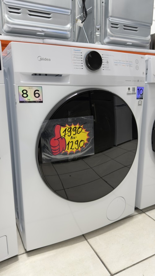 Midea 8/6 kg, MF200D86WB-14EAS – Mașină de spălat cu uscător, SteamCare, Inverter, Clasa E/A, import Germania 🇩🇪