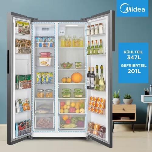 Midea 548 L, MERS530FGE02 – combină frigorifică Side by Side inox, No Frost, Clasa E, import Germania 🇩🇪