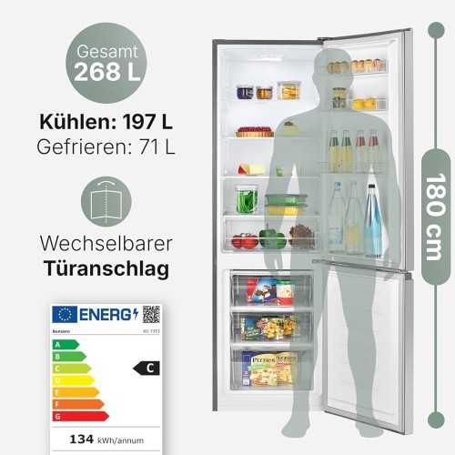 Bomann 268 L, KG 7353 – combină frigorifică inox, No Frost, Clasa C, import Germania 🇩🇪