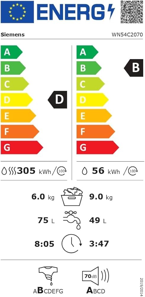 Siemens 9kg/6kg, WN54C2070 –mașina de spălat rufe cu uscător 9 kg spălare / 6 kg uscare, 1400 rpm, Clasa B/D, iQ700, import Germania 🇩🇪