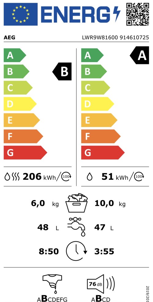 AEG 10kg/6kg, LWR9W81600 – Mașină de spălat rufe cu uscător 10 kg spălare / 6 kg uscare, Clasa A/B, HeatPump, WiFi, import Germania 🇩🇪