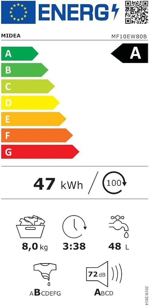 Midea 8 kg, MF10EW80B – Mașină de spălat rufe 1400 rpm, Clasa A, Inverter Quattro, Steam Care, import Germania 🇩🇪