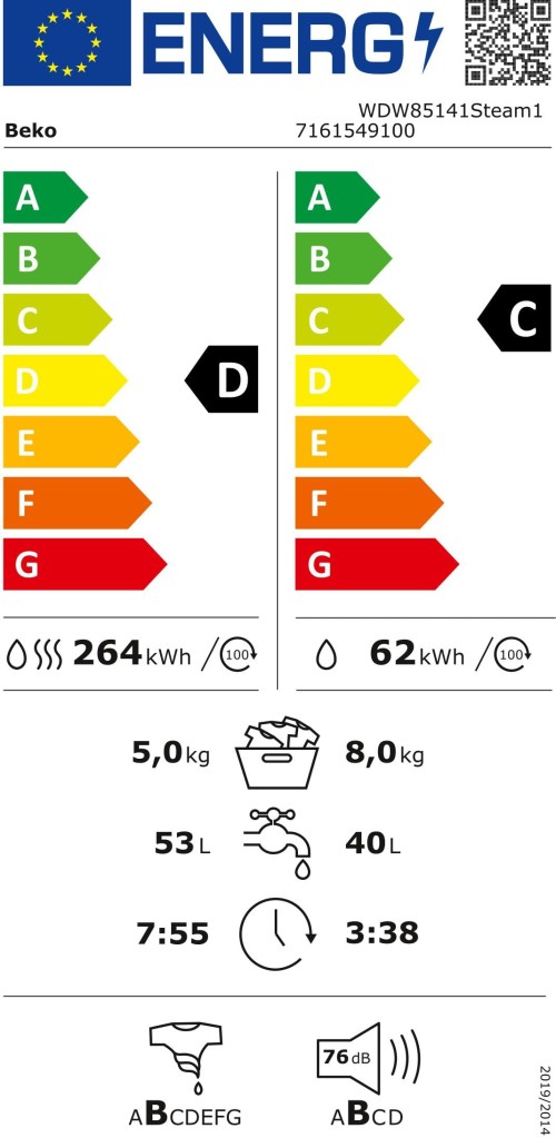 Beko 8/5 kg, WDW85141Steam1 – Mașină de spălat rufe cu uscător, SteamCure, ProSmart Inverter, import Germania 🇩🇪
