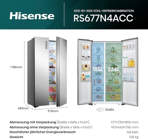 Hisense 519L, RS677N4ACC Side-by-Side frigider No Frost Multi Airflow import Germania 🇩🇪