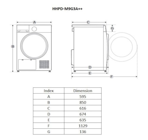 Heinner 9 kg, HHPD-M9G3A++, Uscător rufe cu pompă de căldură, Clasa D