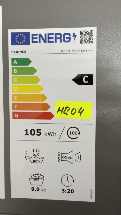 Heinner 9 kg, HHPD-M9K3SA+++, Uscător rufe cu pompă de căldură, Clasa C