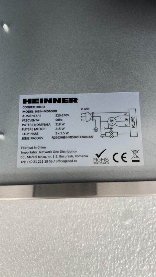 Heinner 60 cm, 610 m³/h HBIH-MD600IX, Hotă încorporabilă 2 motoare, inox, putere mare