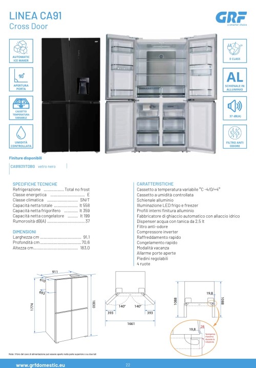 GRF 535L, CA91831ITDBG, Combina frigorifică French doors No Frost, Ice Maker racordat, dispenser apă, 4 uși, negru sticlă, import Italia 🇮🇹