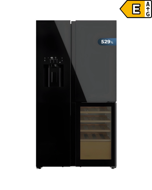 GRF 529L, T9183WIN2BG Frigider Side by Side sticlă neagră + dozator apă & gheață, – import Italia 🇮🇹