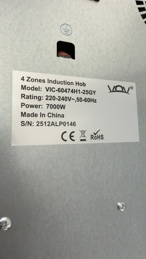 VOV 60cm, VIC-60474H1-25GY Plită inducție– 4 zone, 7000W, Booster, Inverter
