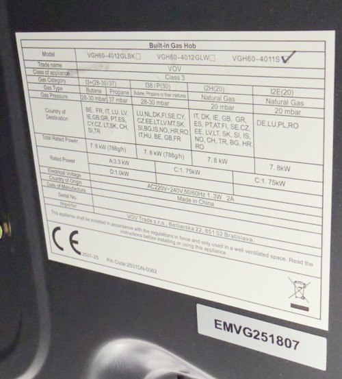 VOV 60cm, VGH60-4012GLBK / GLBKO Plită pe gaz incorporabilă – 4 arzătoare, inox import Slovacia 🇸🇰