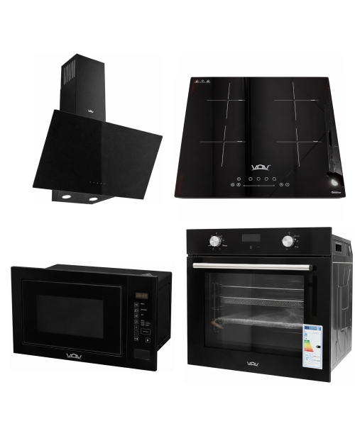 Set complet bucătărie VOV – Cuptor + Plită inducție + Hotă + Microunde, design negru modern, import Slovacia 🇸🇰