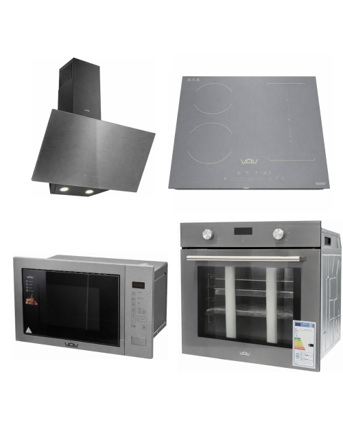 Set complet bucătărie VOV – Cuptor + Plită inducție + Hotă + Microunde, gri, import Slovacia 🇸🇰