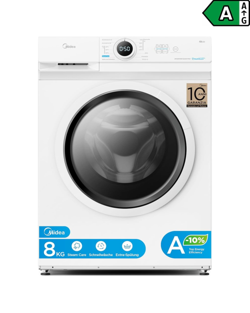 Midea 8 kg, MF10EWB0BA10 – Mașină de spălat rufe Clasa A, Steam, Inverter Quattro, HealthGuard