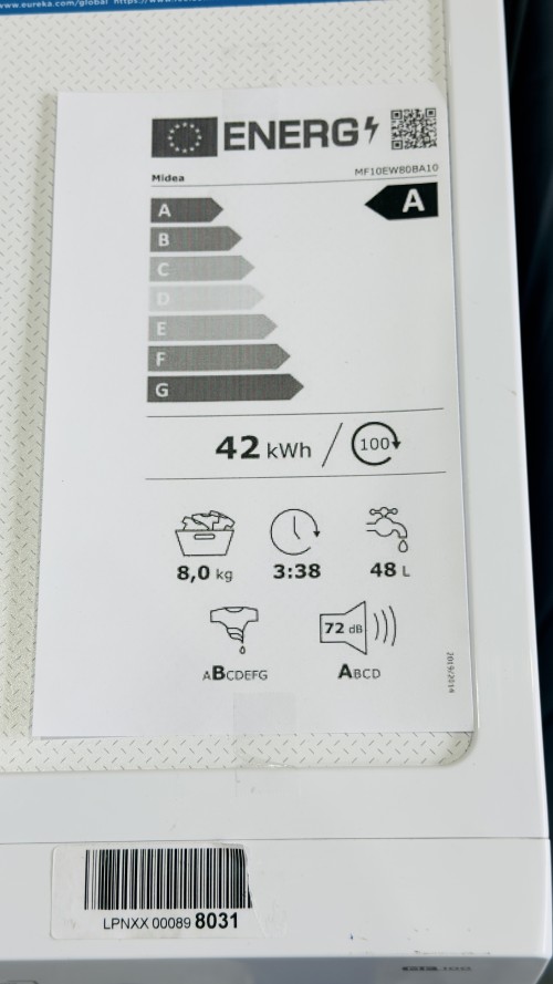 Midea 8 kg, MF10EWB0BA10 – Mașină de spălat rufe Clasa A, Steam, Inverter Quattro, HealthGuard