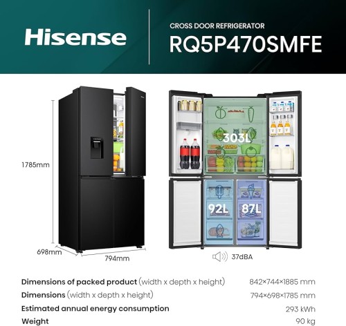 Hisense 470 L, RQ5P470SMFE, French doors Multi Door, Clasa E, Dispenser apă – import Germania 🇩🇪