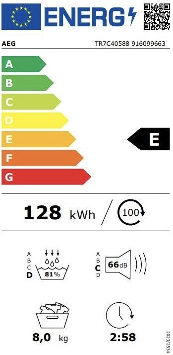 AEG 8 kg, TR7C40588 uscător rufe pompă de căldură ProSense import Germania 🇩🇪