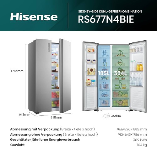 Hisense 519L, RS677N4BIE Side by Side inox No Frost import Germania 🇩🇪