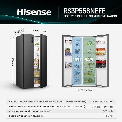 Hisense 544L, RS3P558NEFE – Combină frigorifică Side by Side Total No Frost, Inverter, Multi Air Flow, Black, import Germania 🇩🇪
