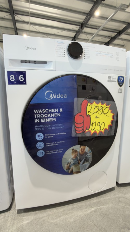 Midea 8/6 kg, MF200D86WB-14EAS – Mașină de spălat cu uscător, SteamCare, Inverter, Clasa E/A, import Germania 🇩🇪
