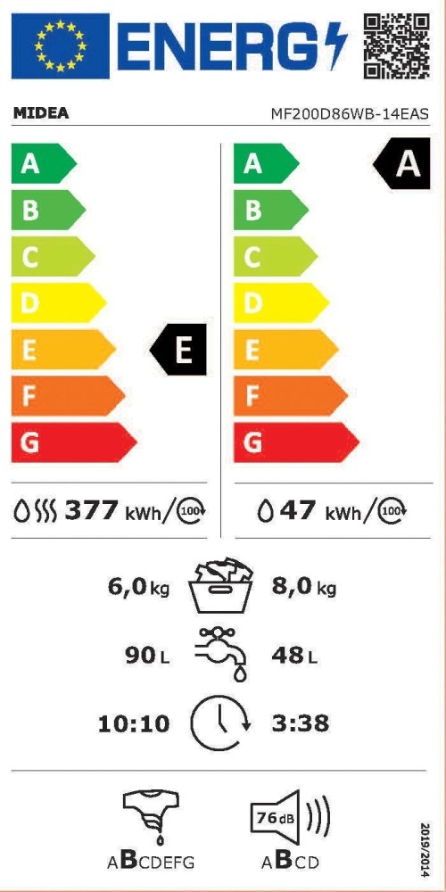 Midea 8/6 kg, MF200D86WB-14EAS – Mașină de spălat cu uscător, SteamCare, Inverter, Clasa E/A, import Germania 🇩🇪