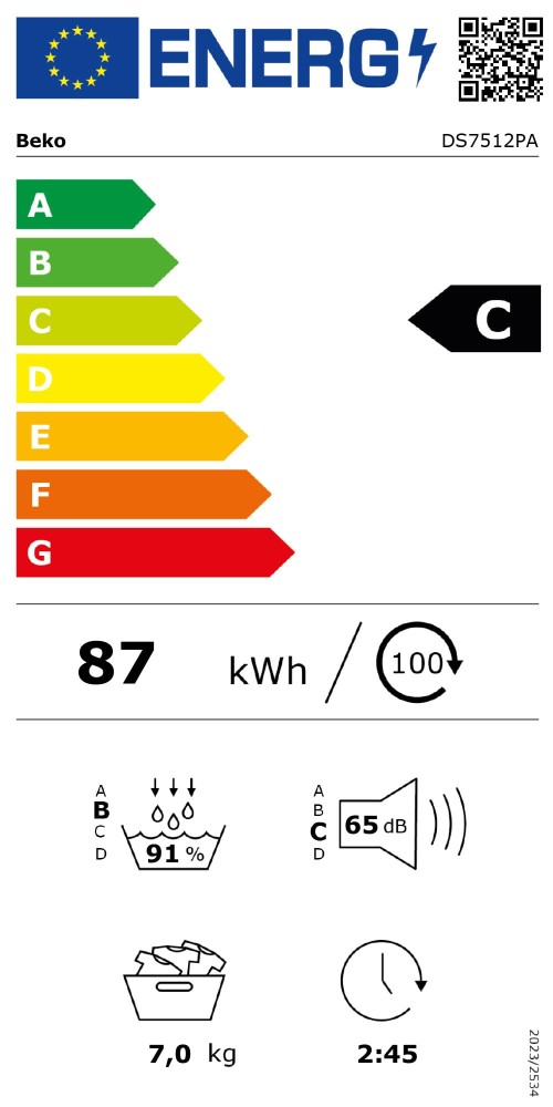 Beko 7 kg, DS7512PA, Uscător rufe pompă de căldură, Clasa C, EcoGentle, import Germania 🇩🇪