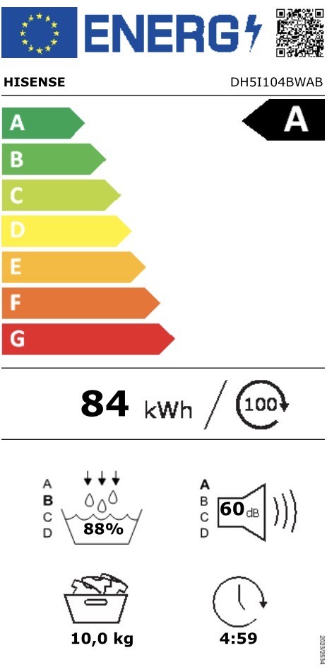 Hisense 10 kg, DH5I104BWAB, Uscător de rufe cu pompă de căldură, Clasa A, WiFi, import Germania 🇩🇪