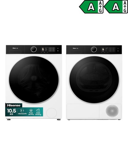 Set Hisense mașină de spălat + uscător – 10.5 kg + 10 kg, Clasa A, Auto Dosing, Heat Pump, import Germania 🇩🇪