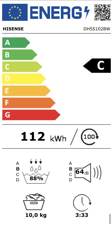 Hisense 10 kg, DH5S102BW, Uscător de rufe pompă de căldură, WiFi, Clasa C, import Germania 🇩🇪
