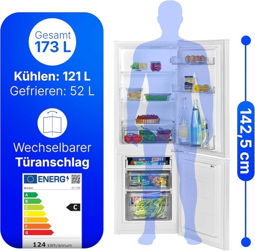Bomann 173L, KG 7359 – Combină frigorifică Clasa C, 142.5 cm, import Germania 🇩🇪