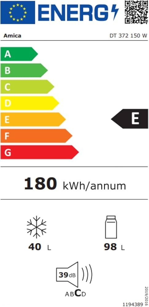 Amica 138L, DT 372 150 W – Combină frigorifică Clasa E, congelator sus, albă, import Germania 🇩🇪
