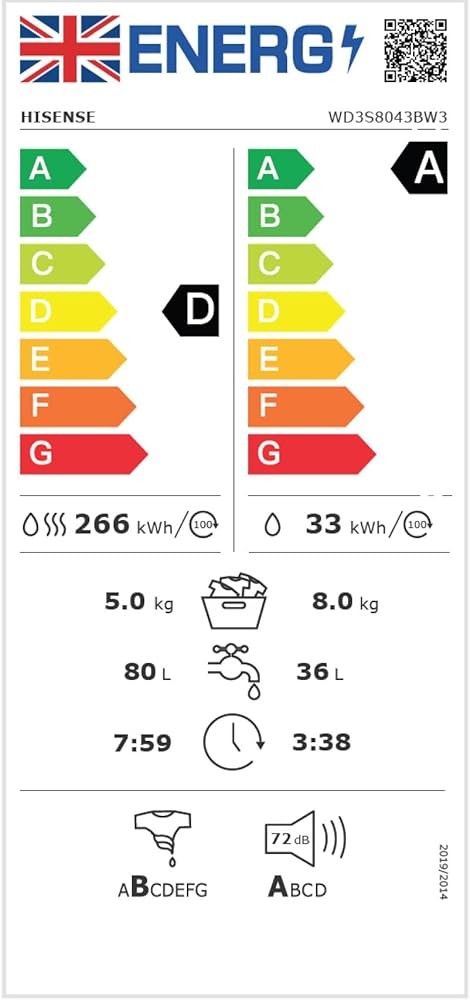Hisense 8/5 KG WD3S8043BW3 – mașină de spălat cu uscător Clasa A/D, ConnectLife WiFi, Steam, import Polonia 🇵🇱
