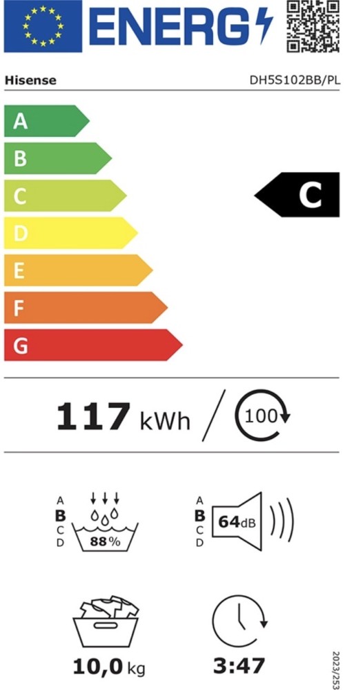 Hisense 10 kg, DH5S102BB/PL, Uscător rufe Clasa C, pompă de căldură, import Polonia 🇵🇱