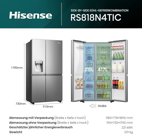 Hisense 632L, RS818N4TIC – Side by Side Premium cu consum redus, WiFi și dozator apă & gheață import Germania 🇩🇪