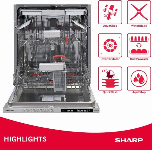 Sharp 14 seturi, QW-NI25GI44BS-DE, Mașină de spălat vase încorporabilă Clasa B, import Germania 🇩🇪