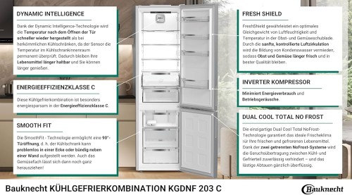 Bauknecht 355 L, KGDNF 203 C, Combină frigorifică  Clasa C, Dynamic Intelligence, Total No Frost, import Germania 🇩🇪
