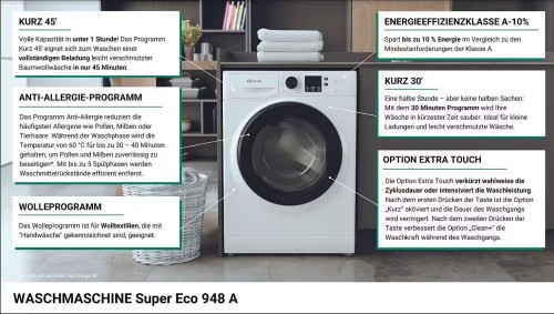 Bauknecht 9 kg, Super Eco 948 A – Mașină de spălat rufe Clasa A, Inverter Motor, import Germania 🇩🇪
