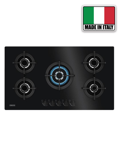 Zanussi 88 cm, ZGO98520BA – Plită pe gaz ,5 arzătoare, Multi Crown Wok, sticlă neagră, import Suedia 🇸🇪