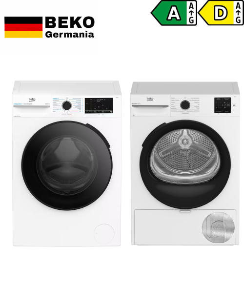 Beko 8 kg BM3WFU4841A + BM3T38230FH – Set mașină de spălat și uscător, Clasa A + D, SteamTherapy, ProSmart Inverter, import Germania 🇩🇪