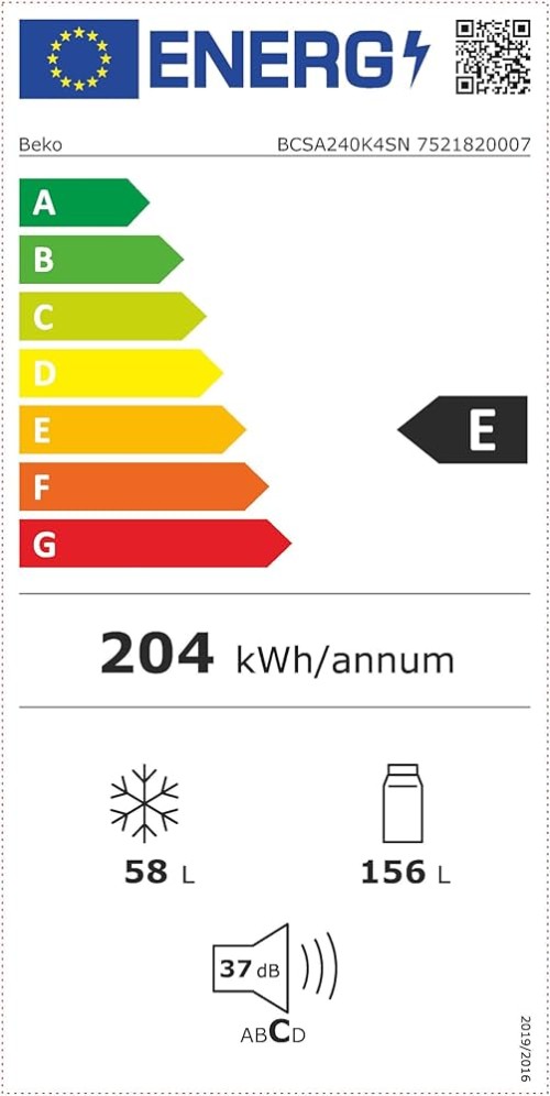 Beko 214 L, BCSA240K4SN (7521820007) – Combină frigorifică încorporabilă Clasa E, 58 L congelator, import Germania 🇩🇪