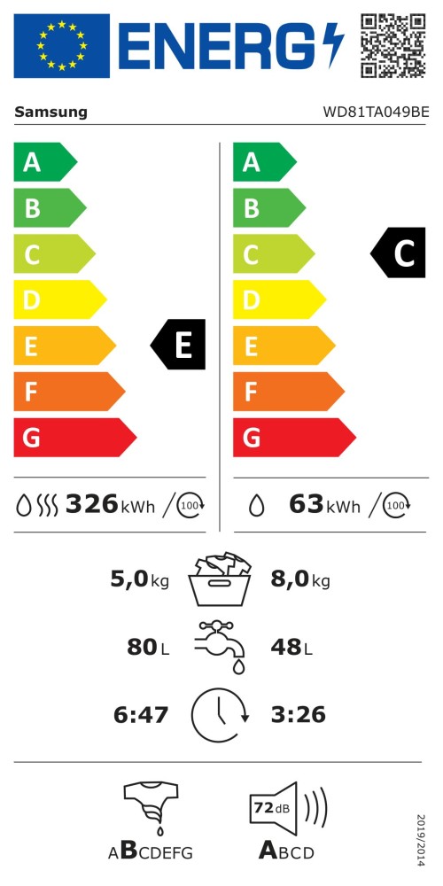 Samsung 8/5 KG, WD81TA049BE – Mașină de spălat rufe cu uscător Clasa C/E, Ecobubble™, Air Wash, import Germania 🇩🇪