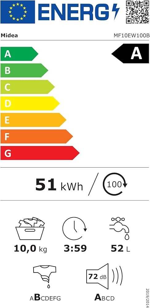 Midea 10 KG, MF10EW100B – Mașină de spălat rufe Clasa A, 1400 rpm, Inverter Quattro, Steam Care, import Germania 🇩🇪